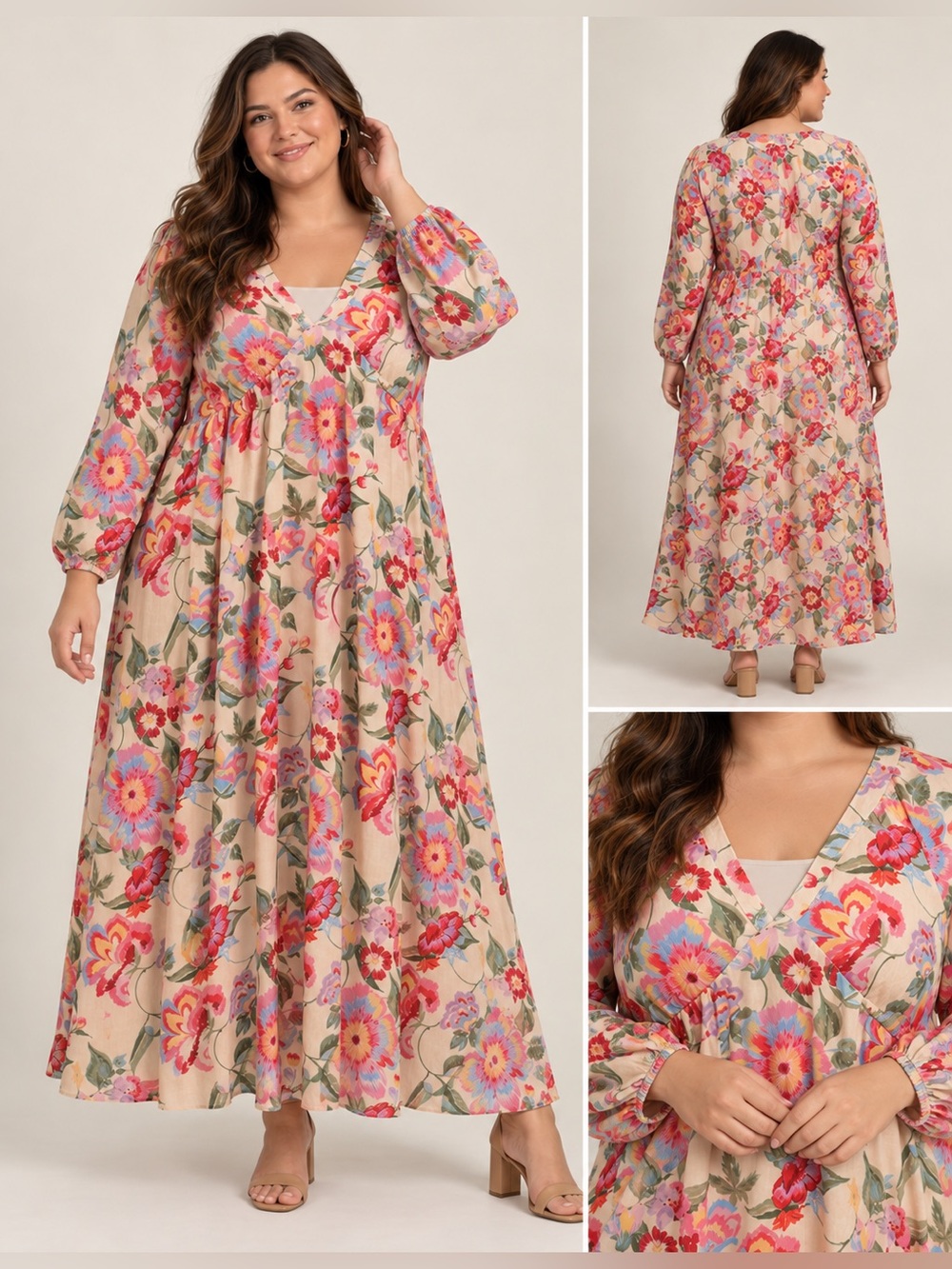 Skies Are Blue Cream and Pink Floral Maxi Dress Silky Empire Waist Size 1X